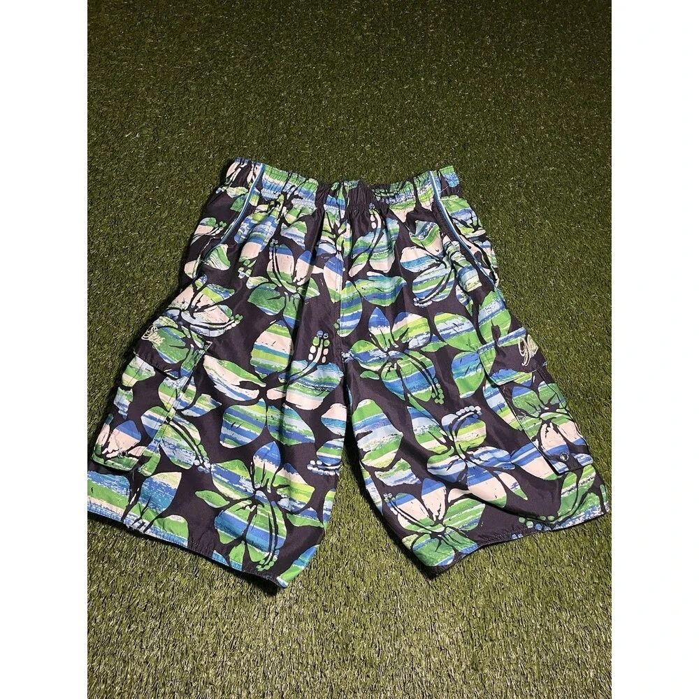 Maui and Sons Swim Trunks Floral Black Green Blue Men's M Elastic Waist Lined
